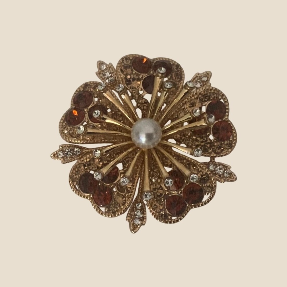 Vintage Gold Tone Amber Rhinestone Faux Pearl Floral Sunburst Brooch Pin